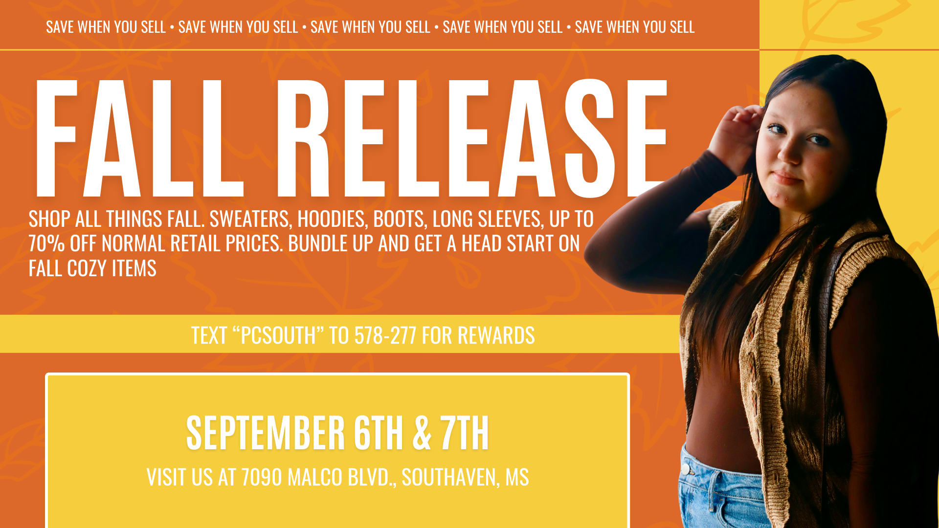 Plato's Closet Southaven Fall Release event September 6–7 featuring sweaters, hoodies, boots, and long sleeves up to 70% off retail.